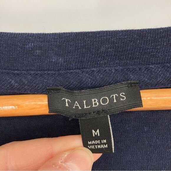 Talbots Shirt Womens Medium Linen Dark Blue Navy Buttons Nautical Short Sleeve - Picture 3 of 9